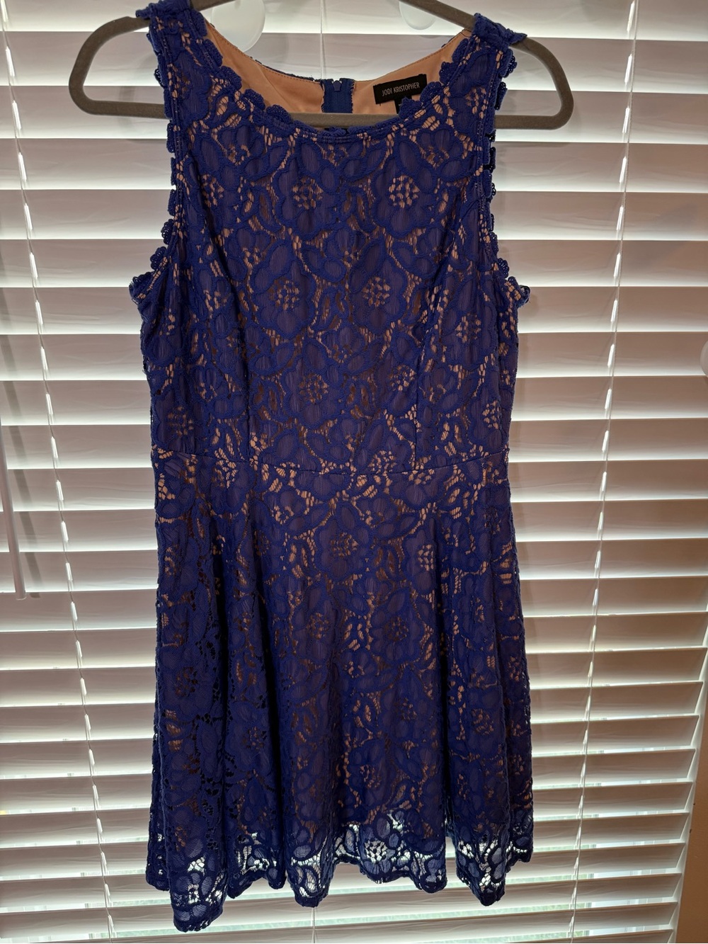 Jodi Kristopher Royal Blue Lace Overlay A-Line Dress Nude Lining Size 15